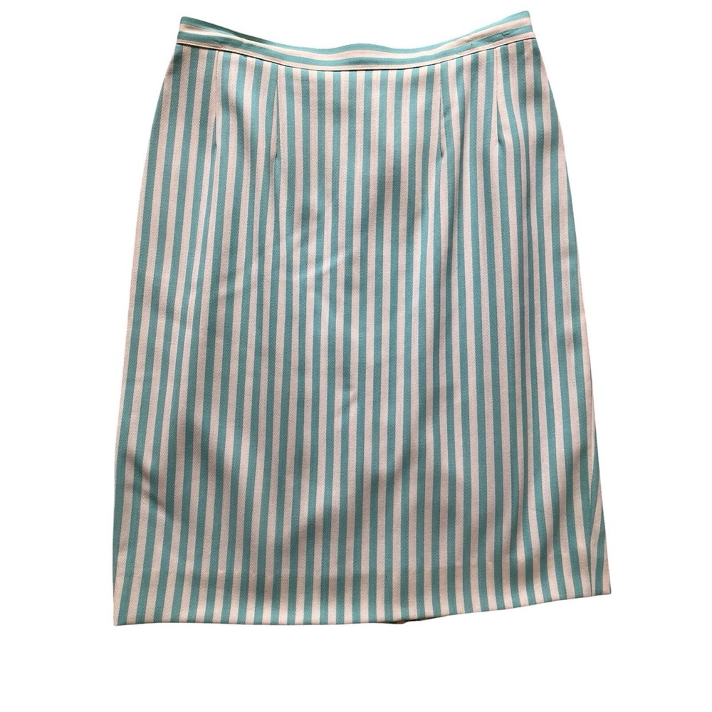Vintage Guy Laroche Paris Striped Pencil Skirt Teal Cream Old Money Office Chic